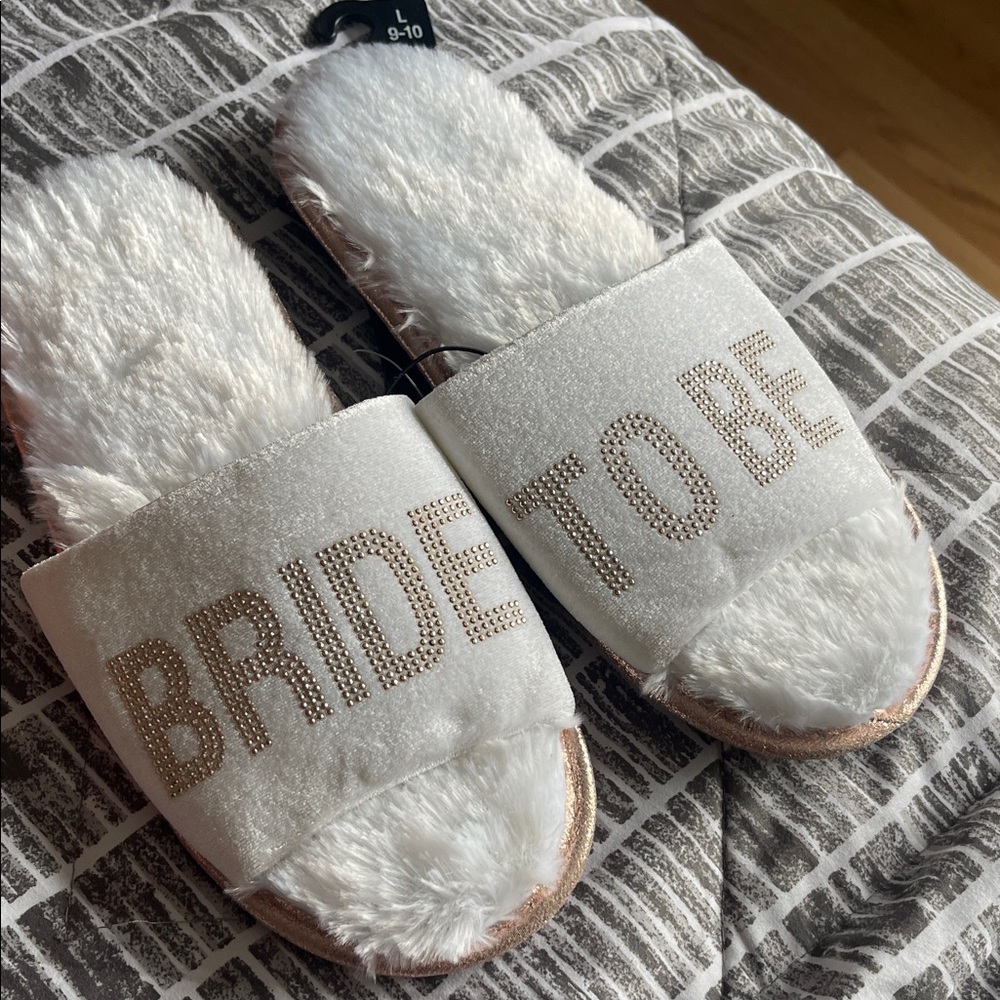 Bride to Be White and Gold Slippers